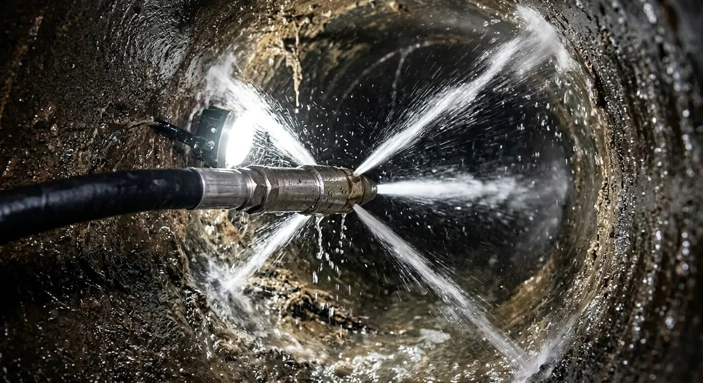 High-pressure hydro jetting nozzle cleaning sewer pipe for Trenchless Sewer Repair in Ilchester
