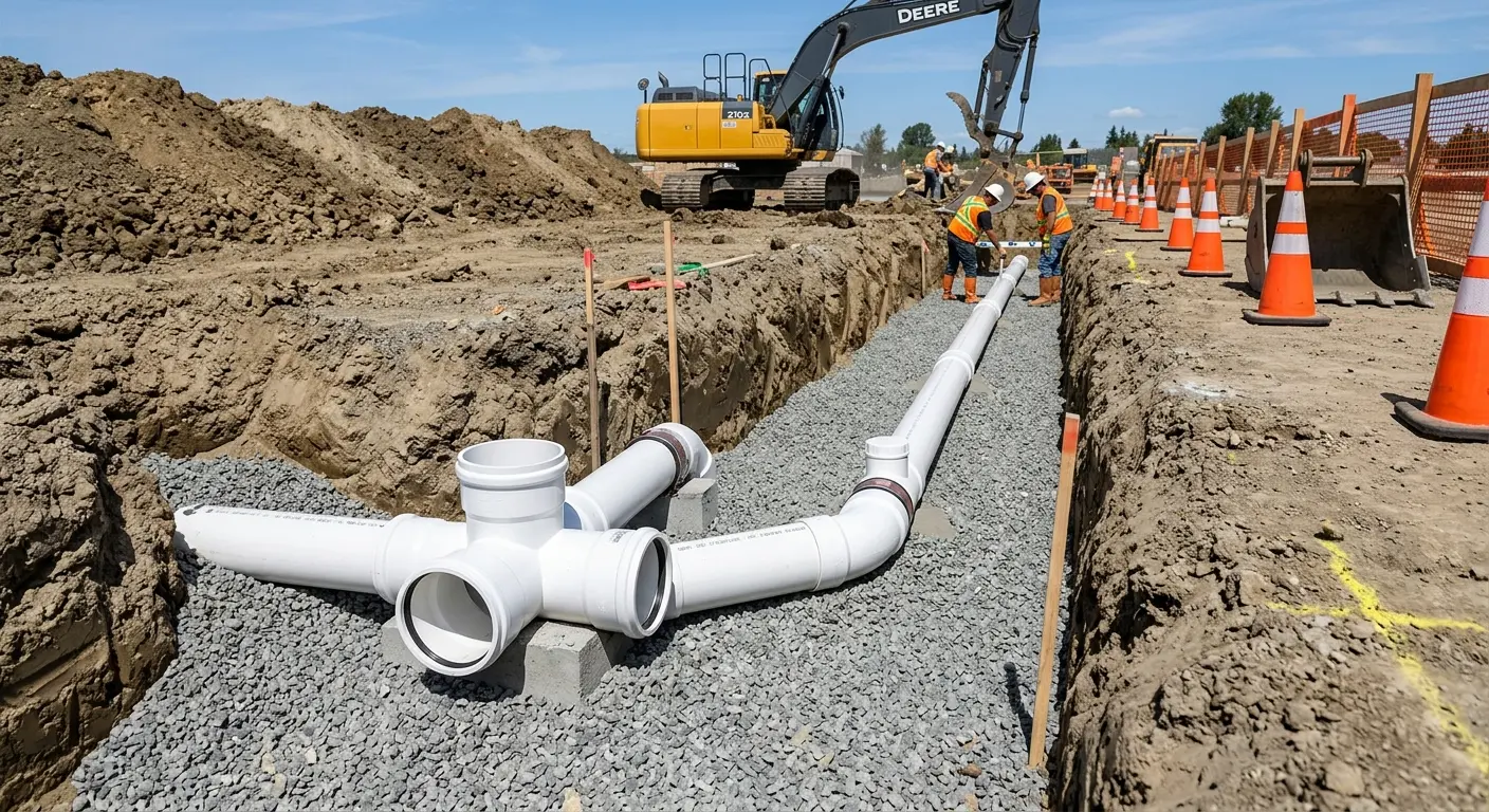 New PVC sewer pipe installation in open trench for Sewer Backup in Ilchester