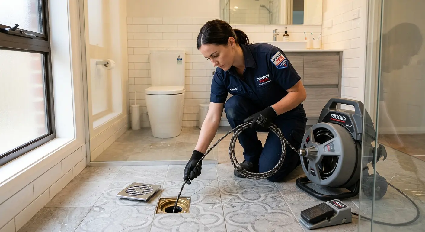 Technician clearing a bathroom floor drain for Drain Cleaning in Ilchester